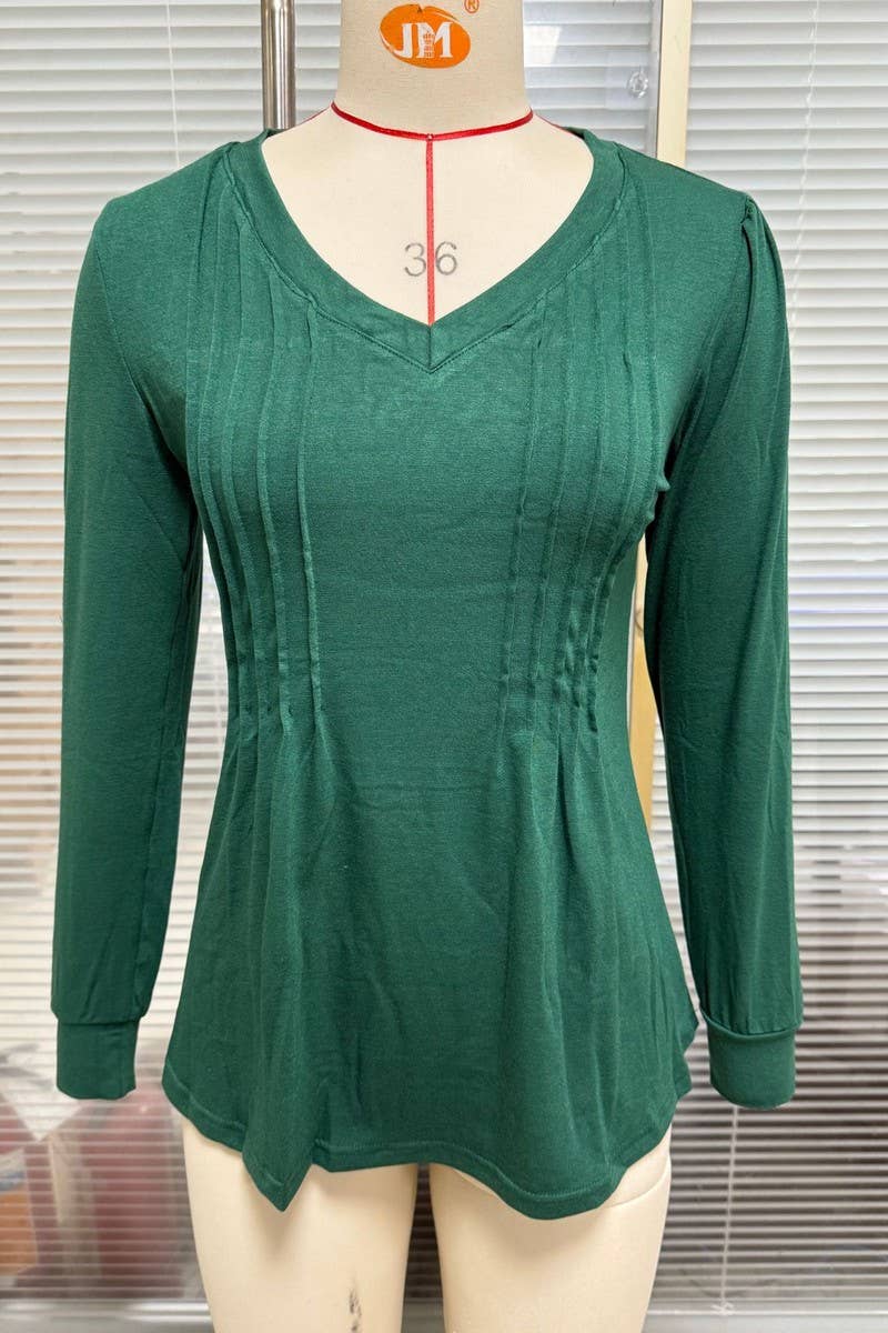 CWTBLL01306_V NECK RIBBED SOLID LONG SLEEVE CASUAL TEE