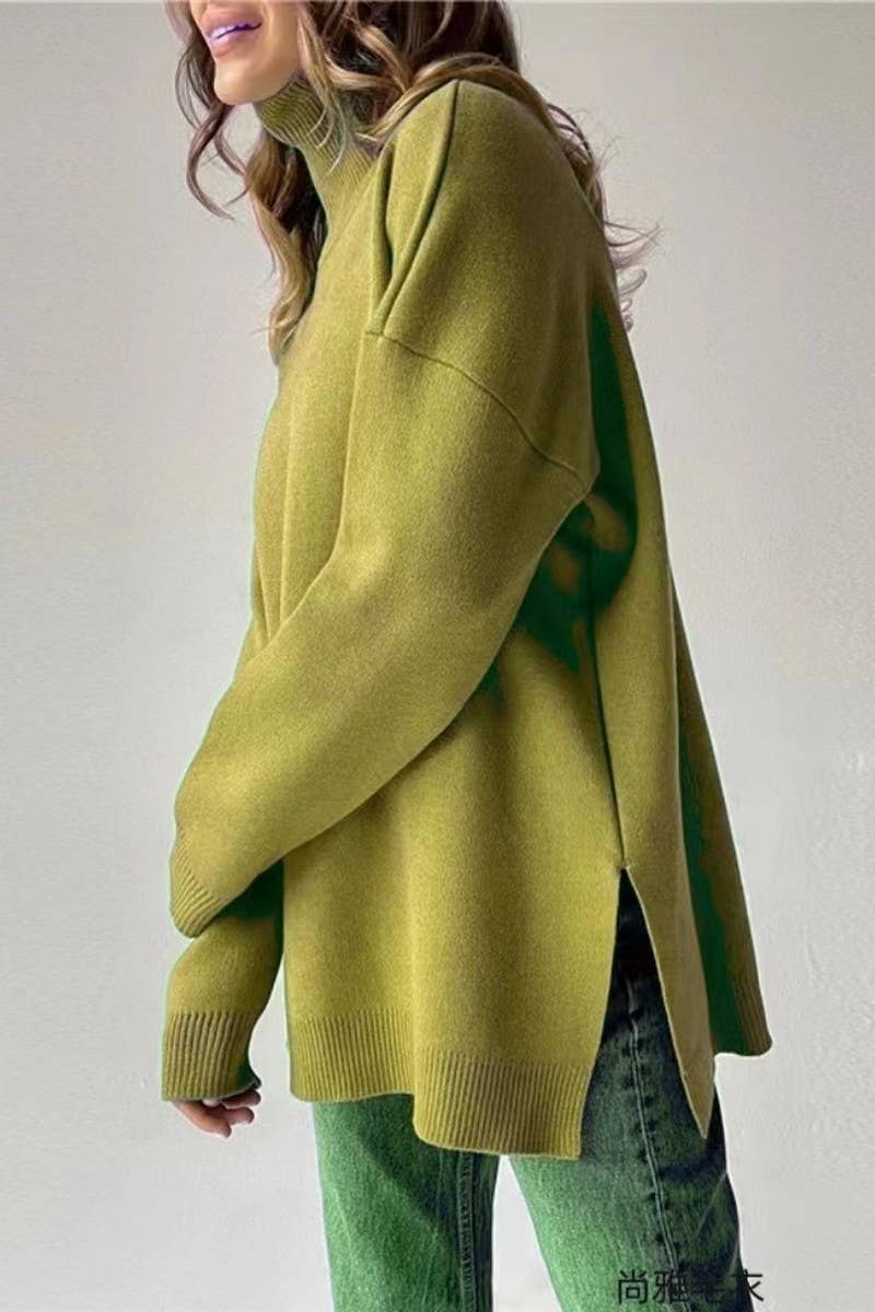 CWOSWL07651_SOLID COLOR HIGH COLLAR SLIT KNITTED TOP