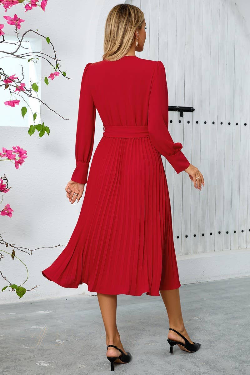 CWDMD3997_V-NECK PLEATED BELTED A-LINE MAXI DRESS