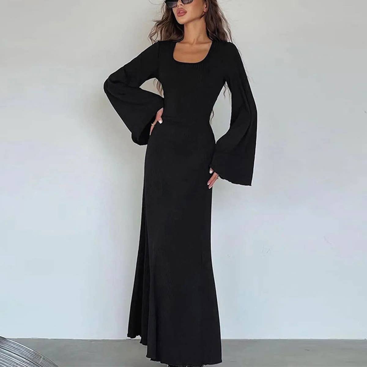 BIG PIT STRIP LONG SLEEVE U-NECK DRESS