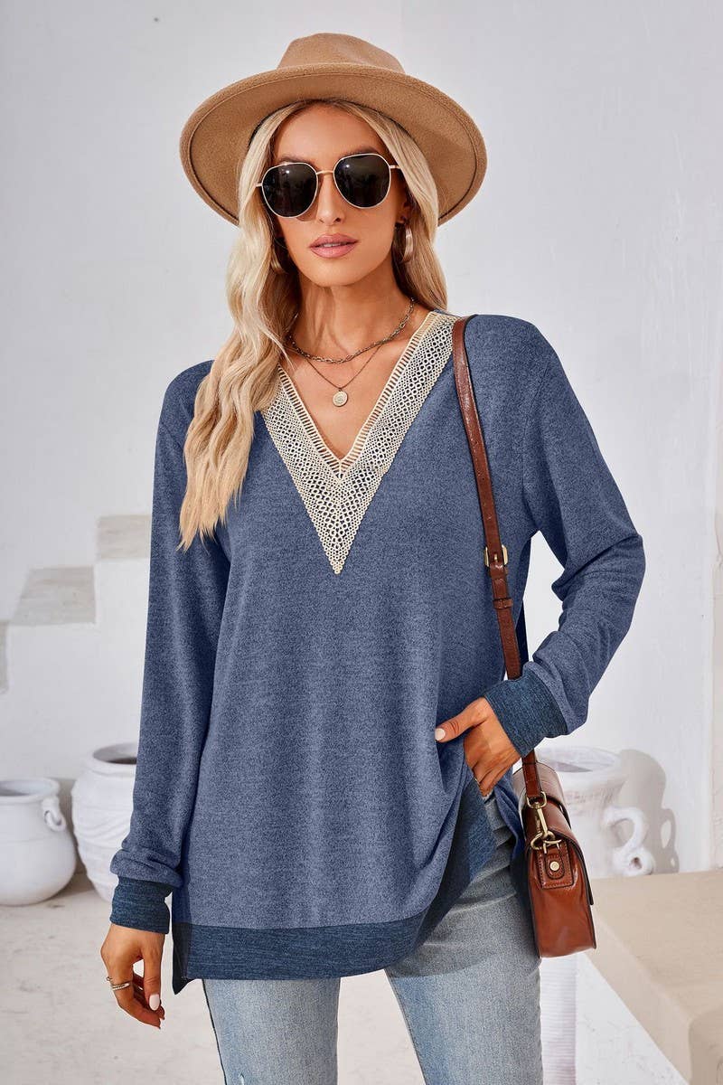 CWTBLL3660_AUTUMN NEW V-NECK LACE SOLID COLOR LOOSE T-SHIRT