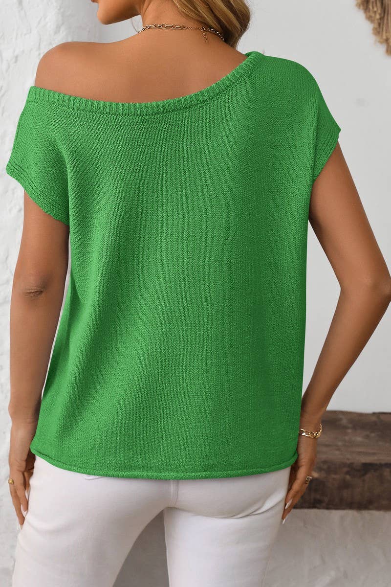 CWOSWS0129_SOLID COLOR KNITTED SHORT-SLEEVED PULLOVER TOP