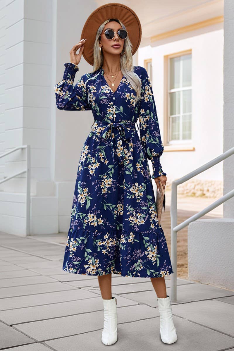 CWDMD01041_V-NECK LONG SLEEVE FLORAL PRINT DRESS