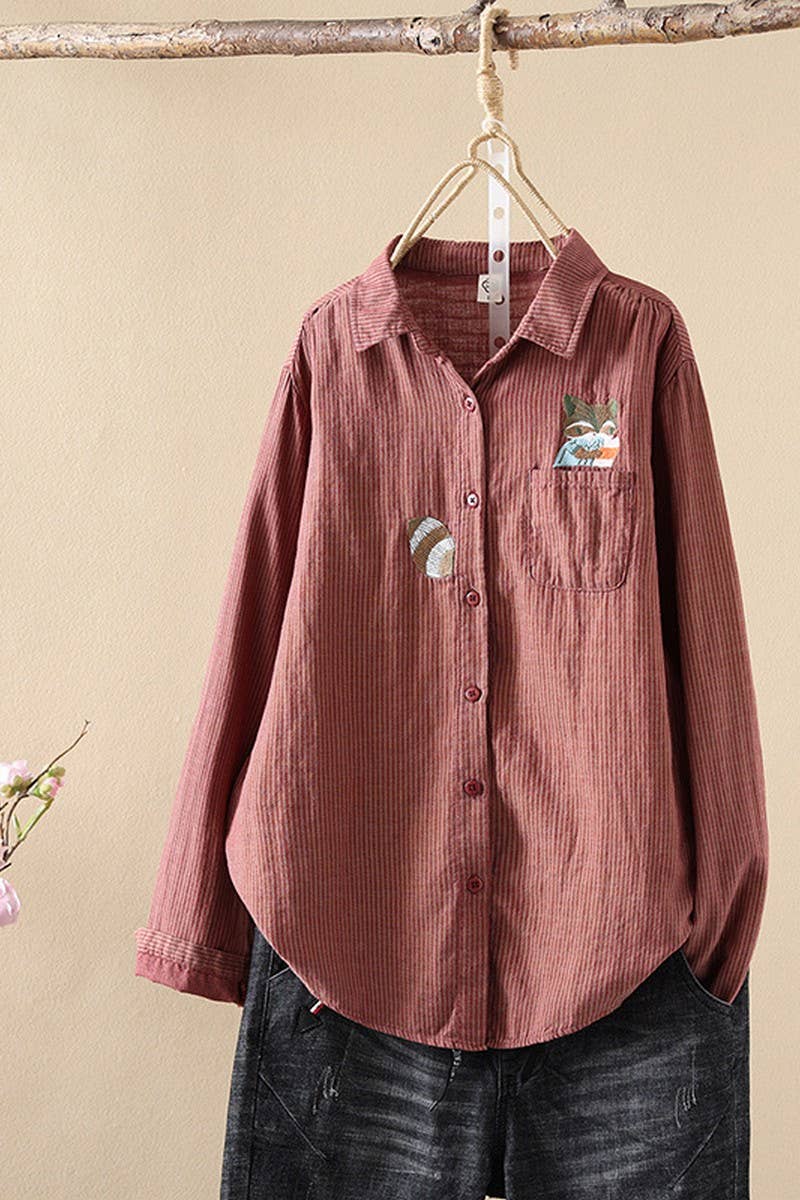 CWTSTL2249_FOX EMBROIDERED STRIPED COTTON SHIRT TOP