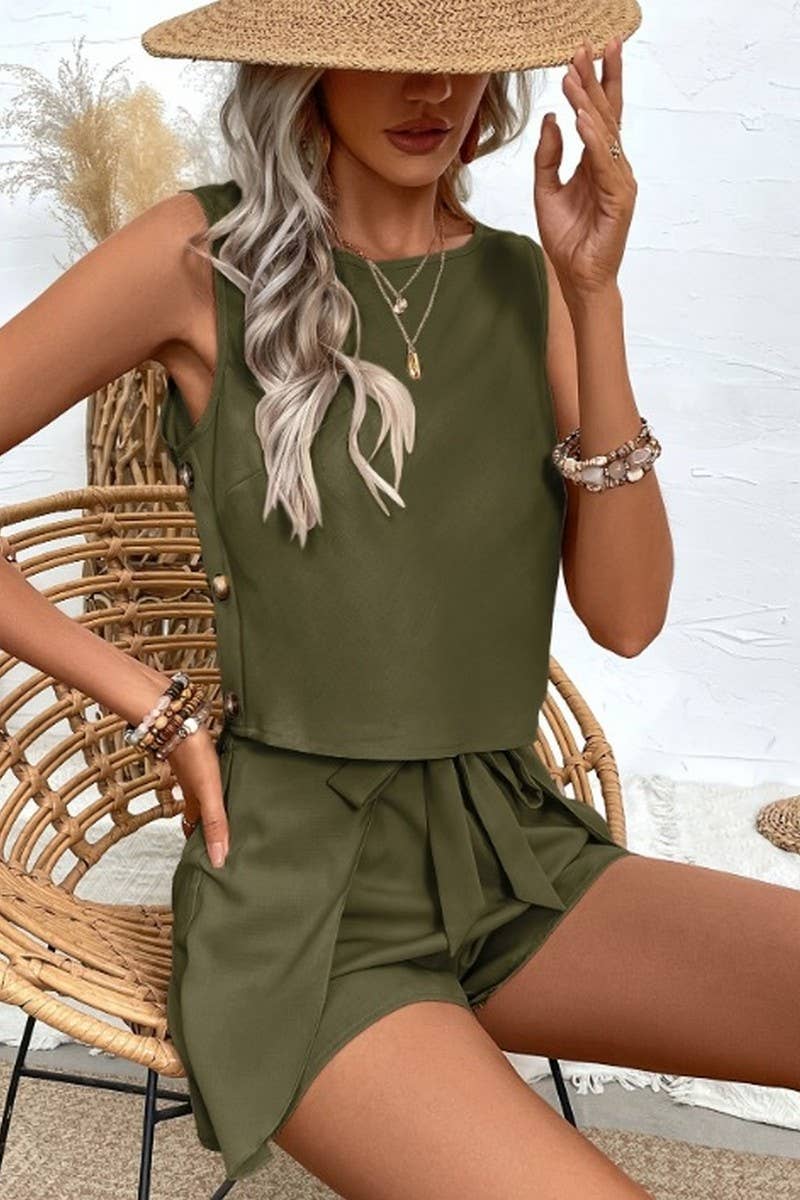 CWSS1123_LOTUS LEAF TIE BOW SOLID COLOR TWO-PIECE SET