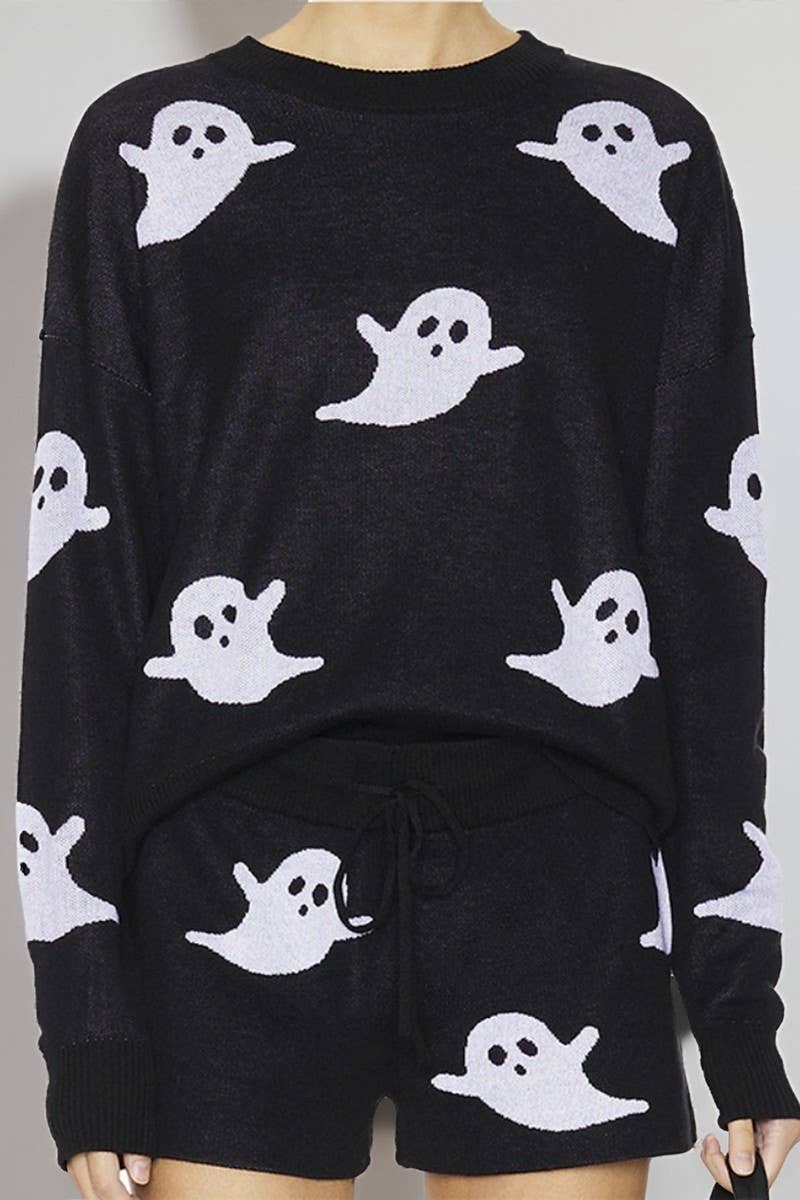 CWSTB00426_DARK HALLOWEEN GHOST KNIT SWEATER & SHORTS SET