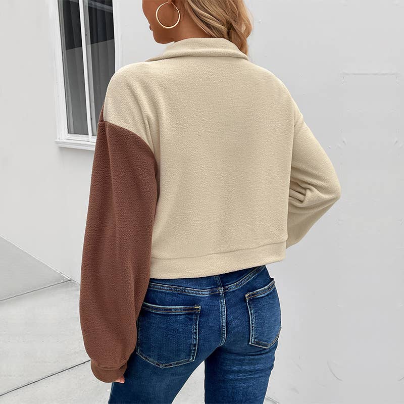 Color matching lapel short polar fleece jacket