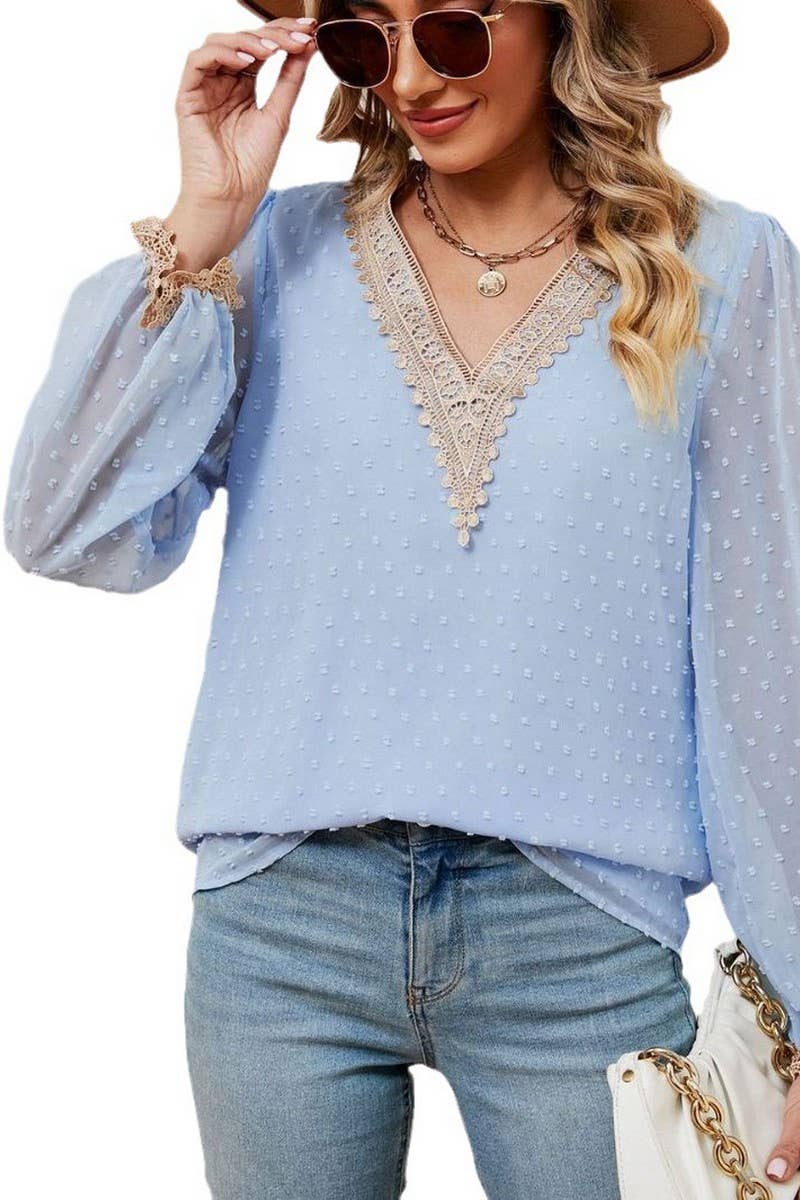 CWTBLL2386_JACQUARD V-NECK LONG-SLEEVED CHIFFON SHIRT TOP