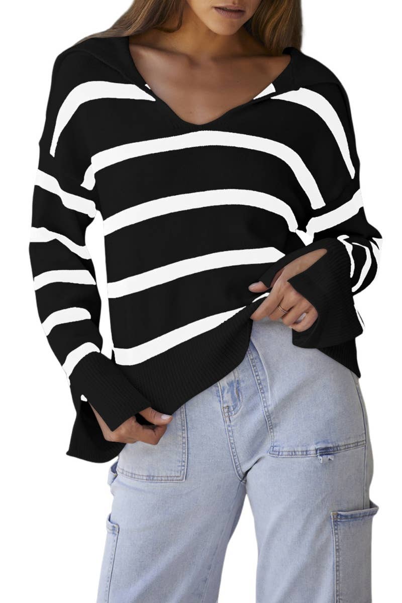 CWOSWL6686_LOOSE V-NECK STRIPED LONG-SLEEVED KNIT TOP