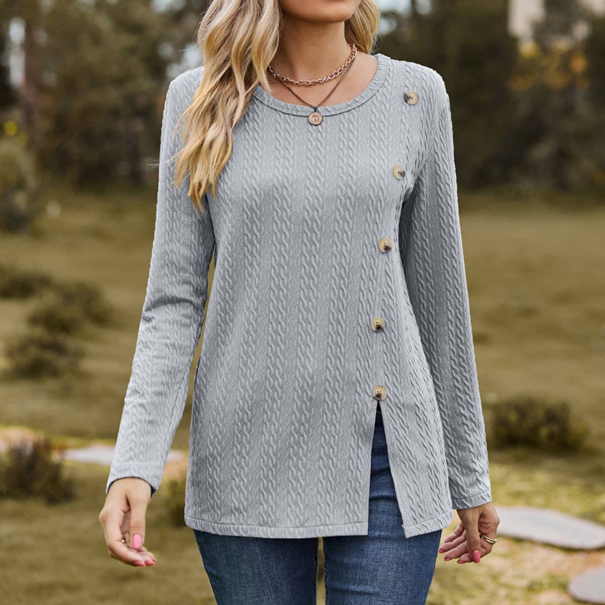 CREW-NECK BUTTONS DECORATED OPEN-SPLIT T-SHIRTS