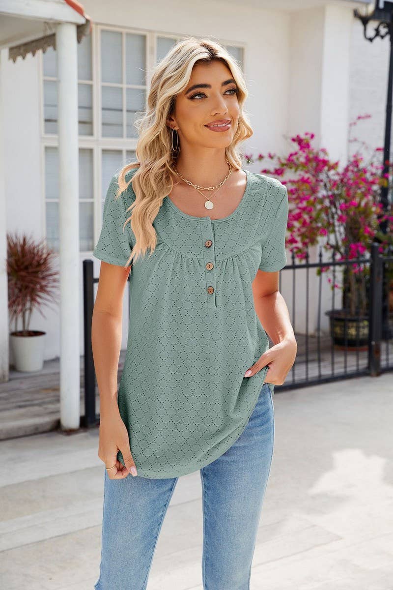 CWTBLS0435_Round Neck Short Sleeve Blouse