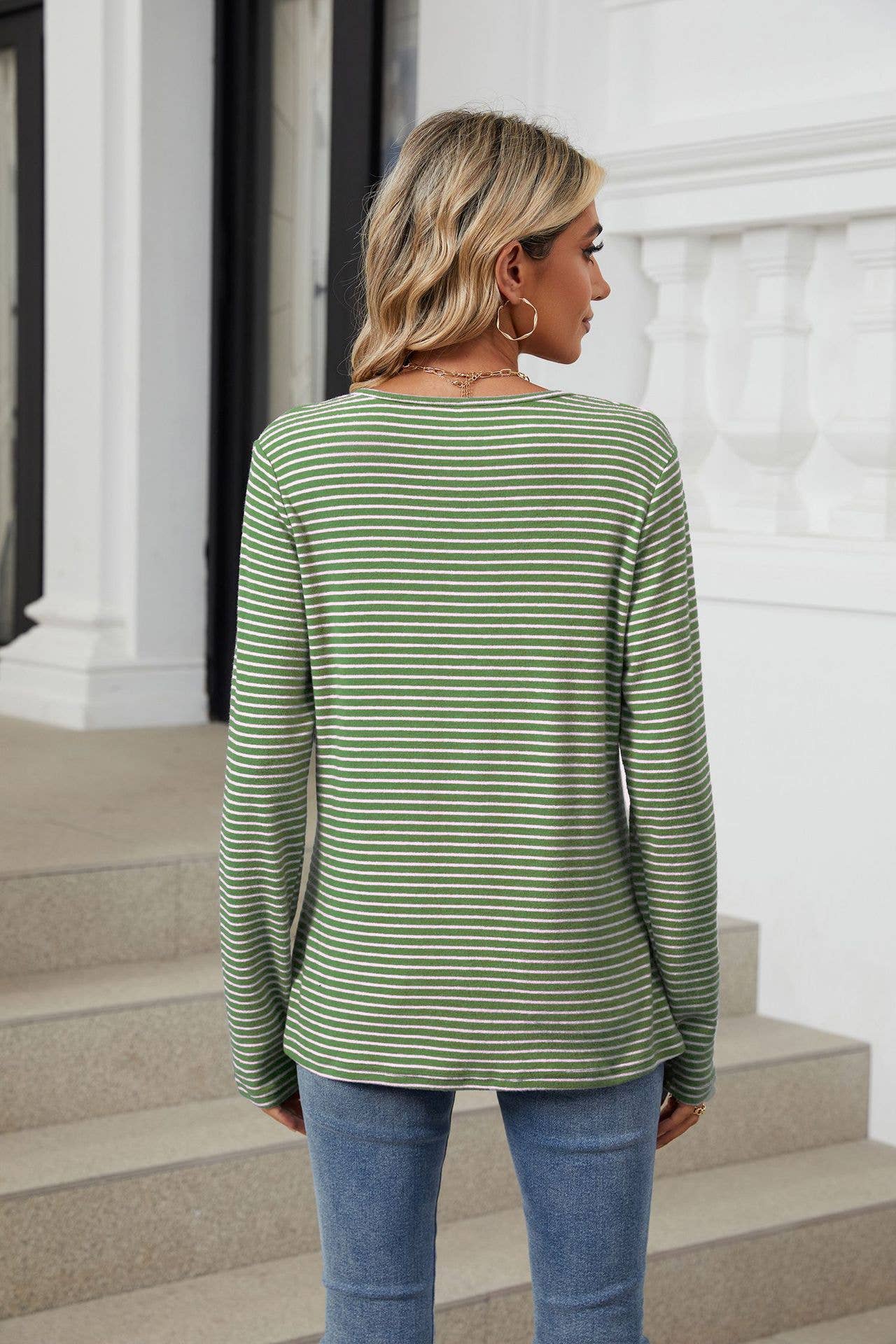 CREW-NECK BUTTON-DOWN LONG SLEEVE STRIPED T-SHIRT