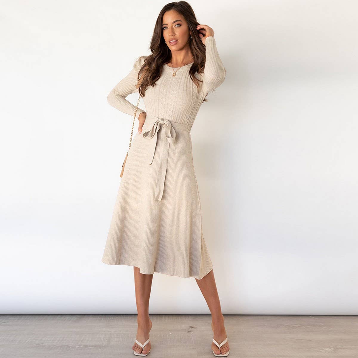 Bubble long sleeve knitted long high-waisted dress