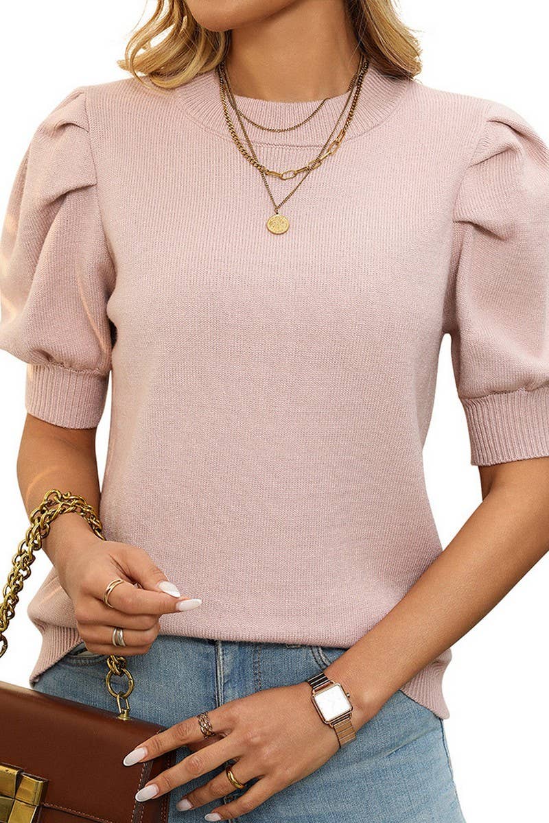 CWOSWS0126_SOLID COLOR ROUND NECK PUFF SLEEVE KNITTED TOP