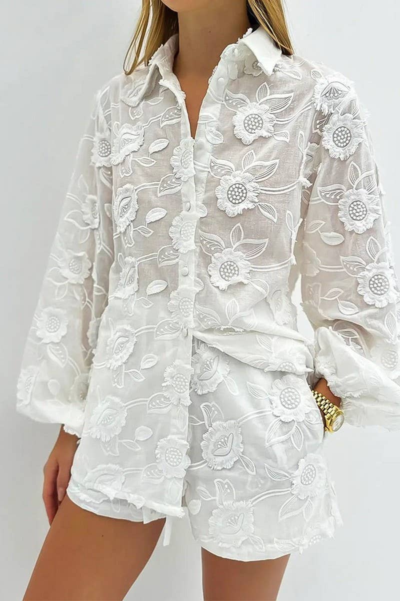CWSTB1921_EMBROIDERED SHEER SHIRT & LACE SHORTS SET