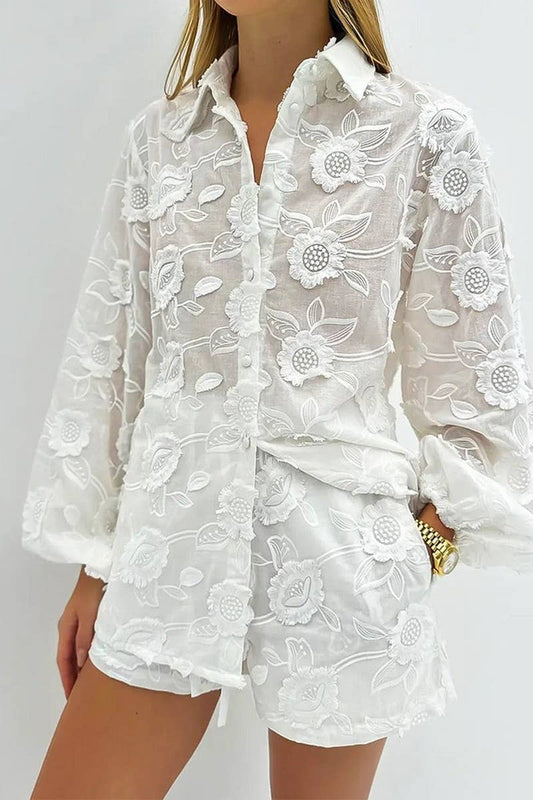 CWSTB1921_EMBROIDERED SHEER SHIRT & LACE SHORTS SET