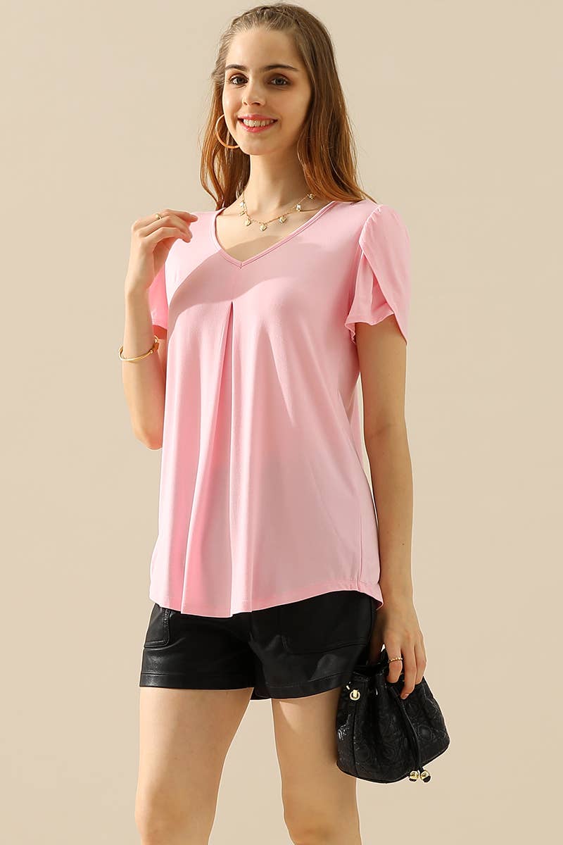 CWTTS643_SOLID V NECK SHORT TULIP SLEEVE TUNIC TOPS