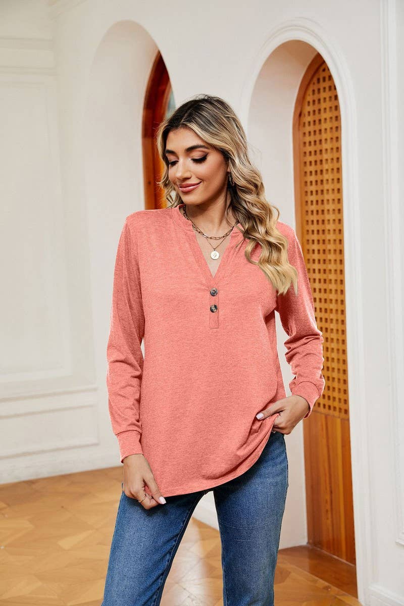 CWTBLL2371_V-NECK BUTTON LONG SLEEVE LOOSE PULLOVER TOP