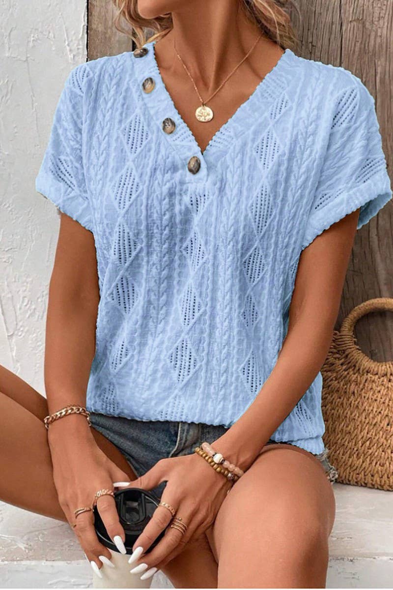 CWTBLS1794_V-NECK BUTTON-DOWN SHORT-SLEEVED TOP T-SHIRT
