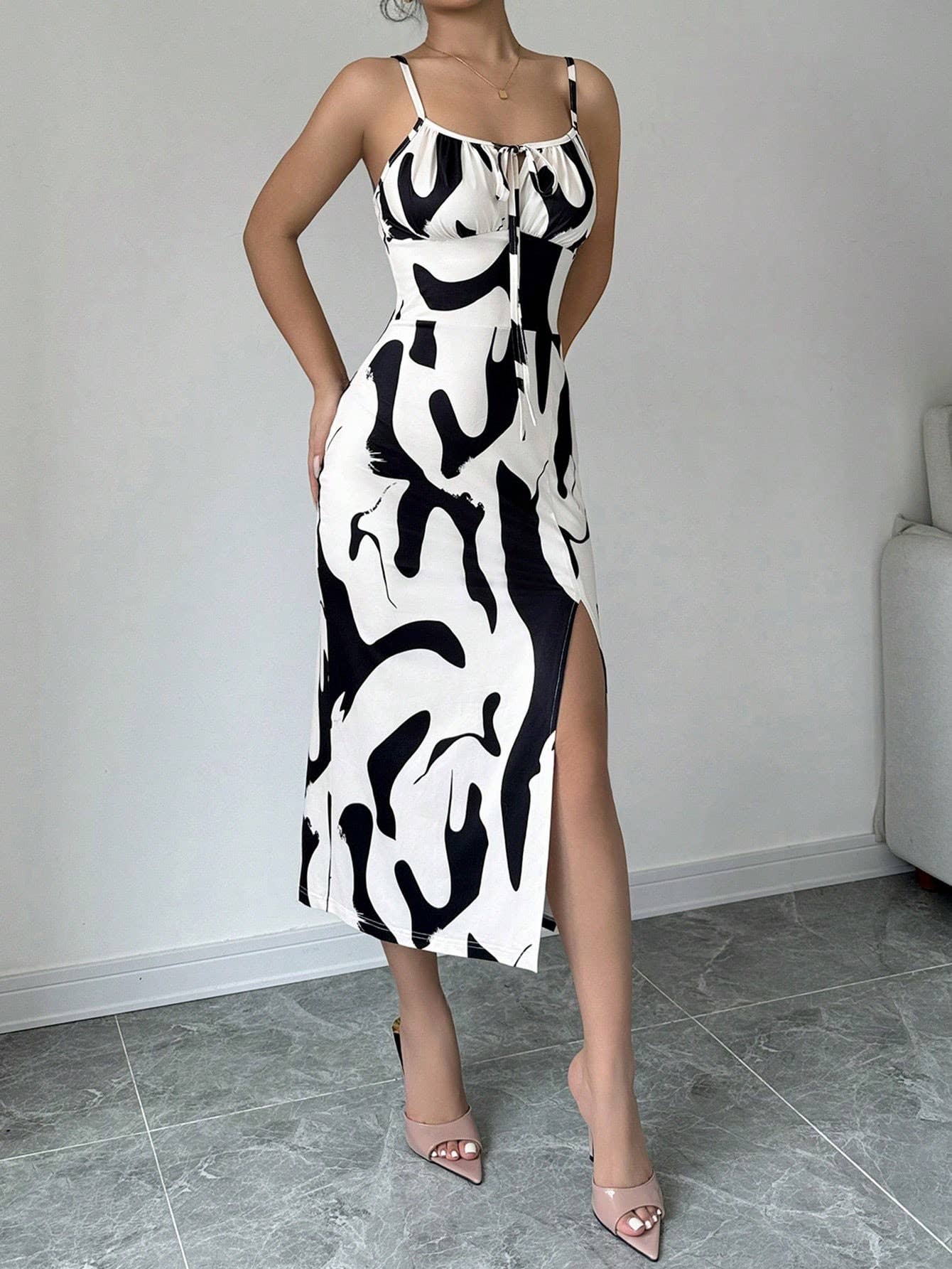 Chic Cow Print Sleeveless Midi Dress with Straps