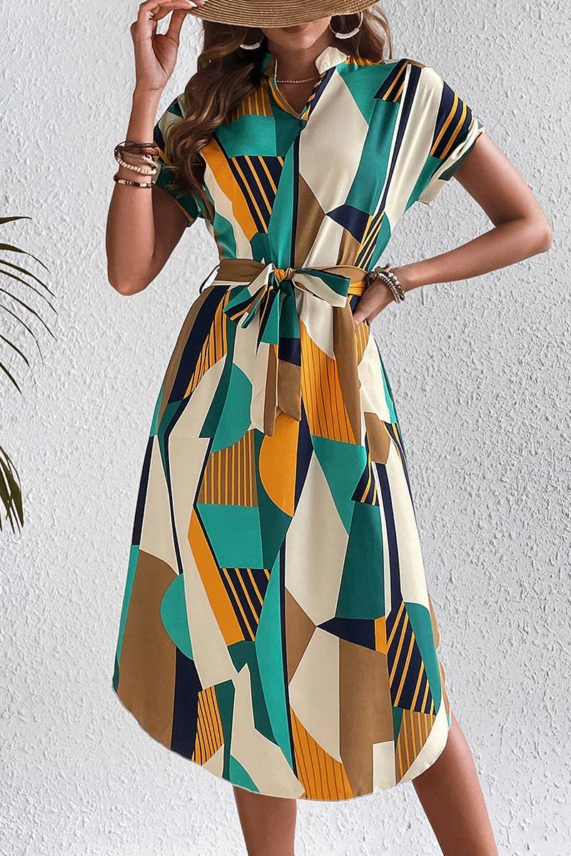 CWDSD7880_COLORBLOCK BELTED SHORT SLEEVE MIDI DRESS