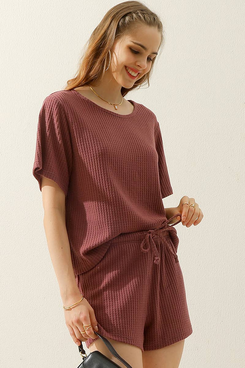 CWSTB274-P_SOLID WAFFLE KNIT TEE TOP & WAIST SHORTS SET