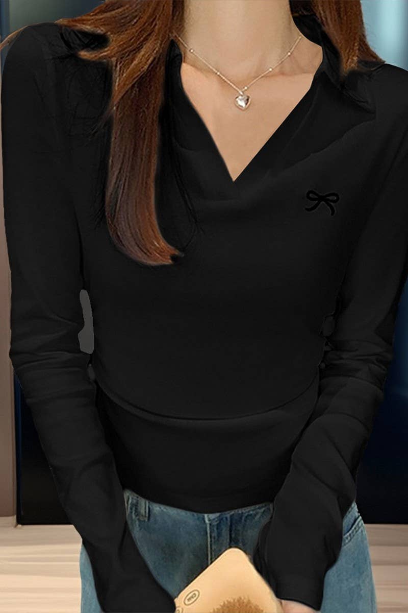 CWTBLL01033_CASUAL SIMPLE COLLARED SOLID LONG SLEEVE TEE