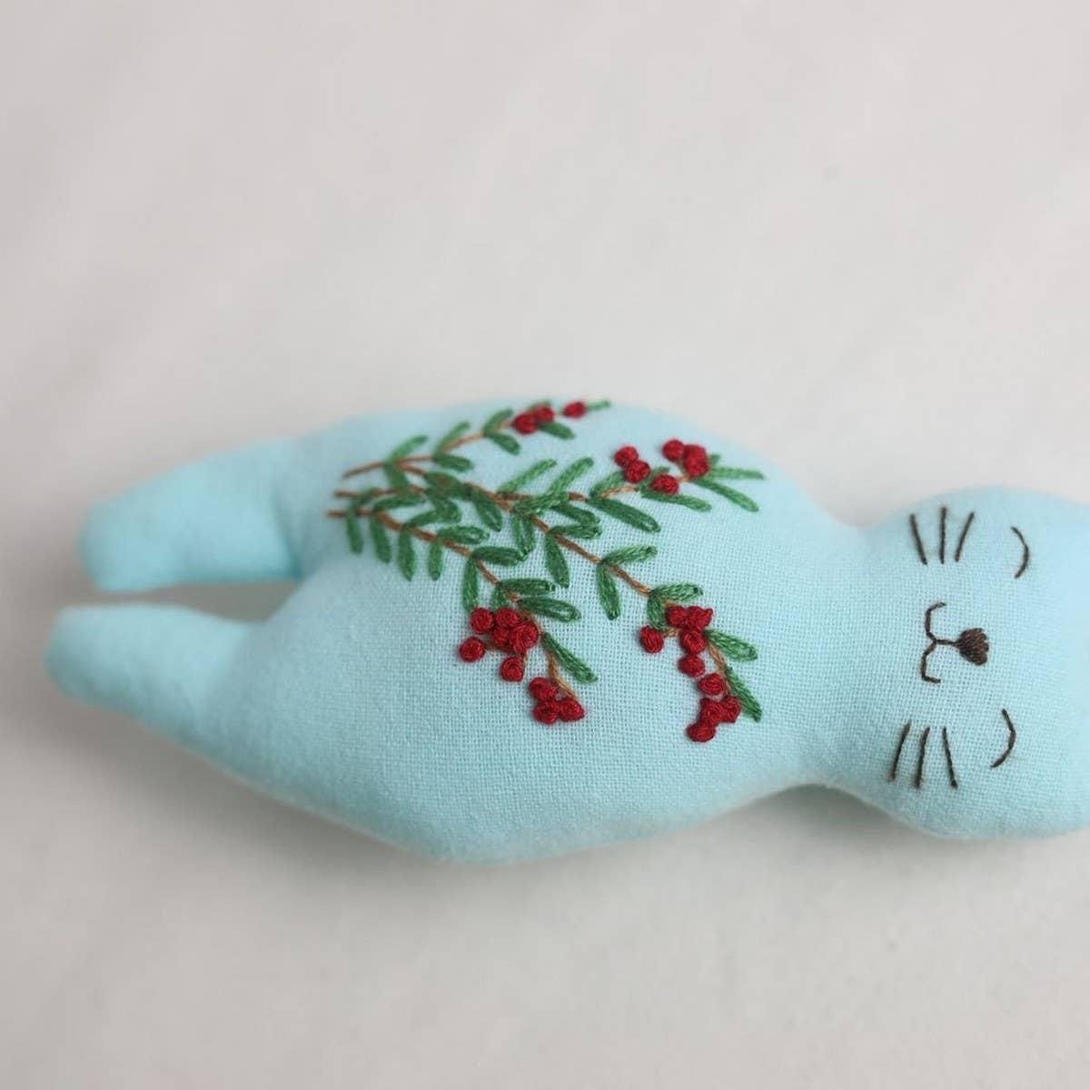 Hand-Embroidered Red Berry Cat Plush Charm