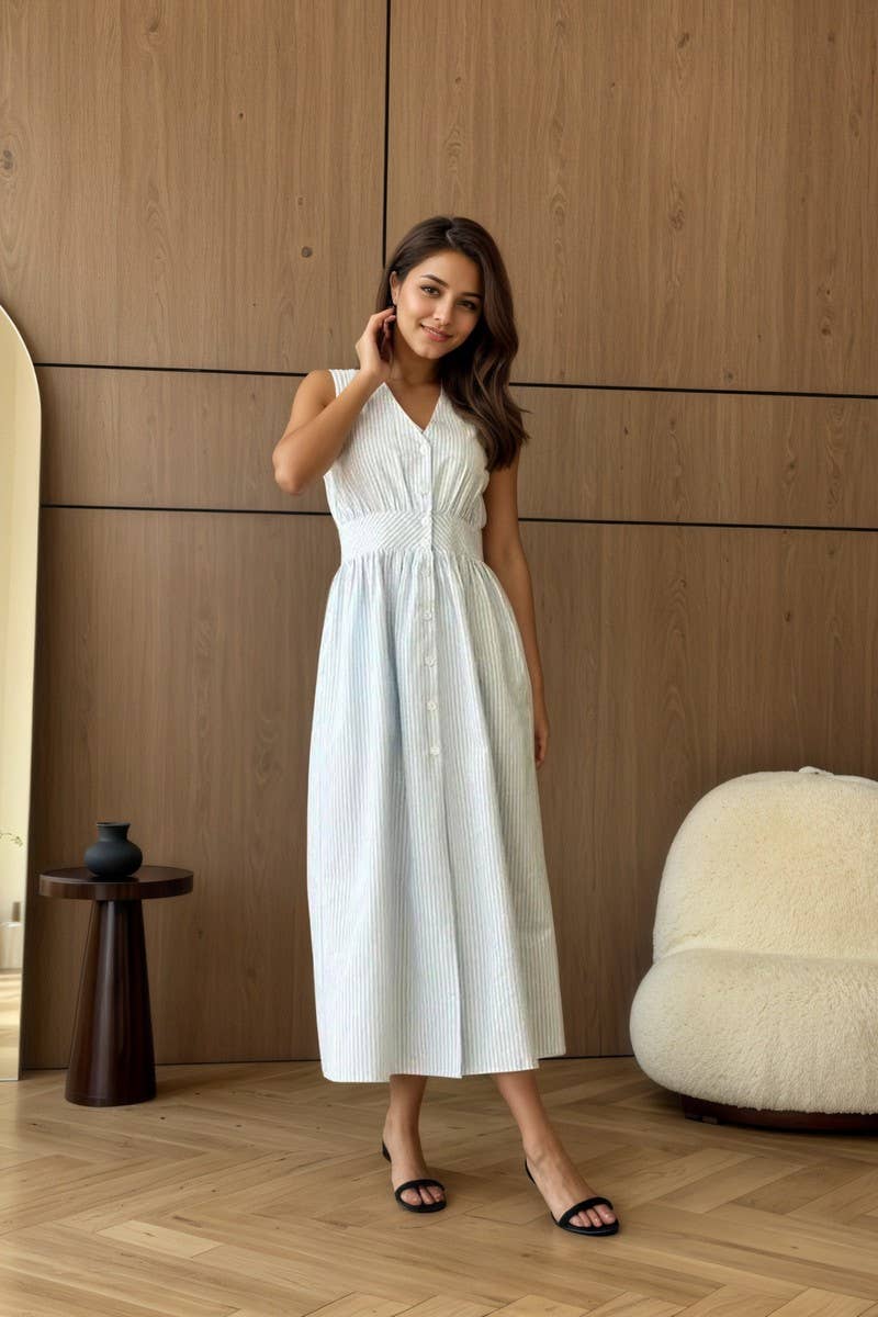 CWDMD6400_STRIPED PLEATED V-NECK SLIT WAIST DRESS