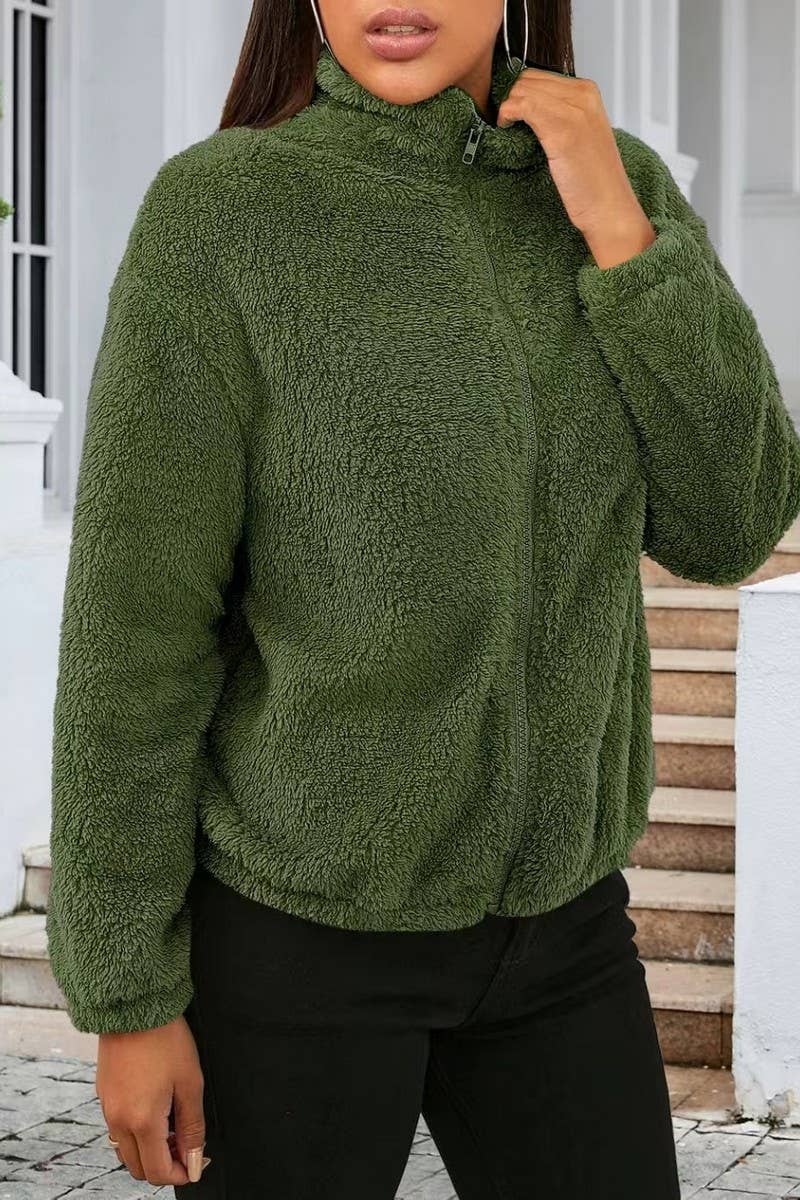 CWOCO00207_PLUSH CASUAL LOOSE ZIP-UP LONG-SLEEVED JACKET