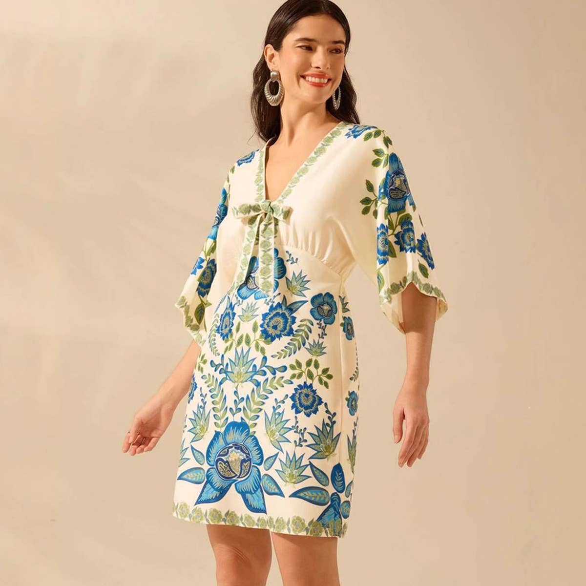 Casual floral printed five-quarter sleeve dress