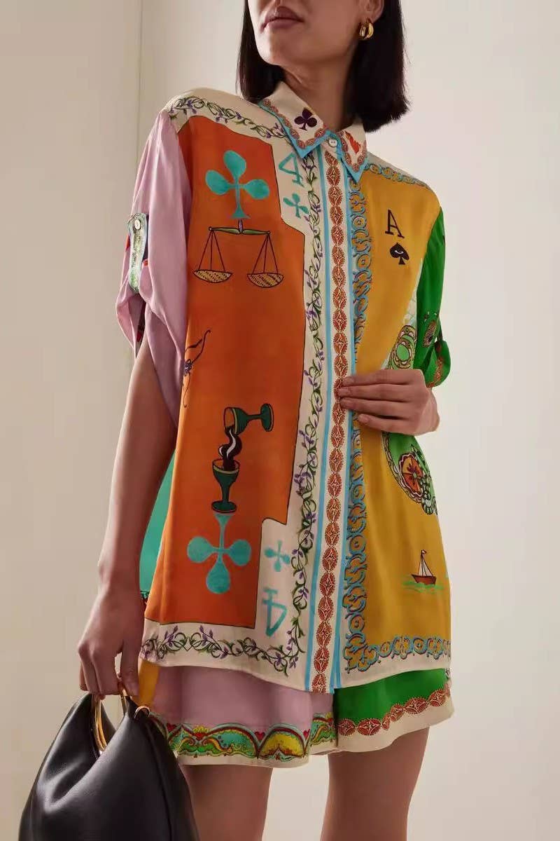 CWSS1237_CASUAL PRINTED SHIRT SHORTS TWO-PIECE SET