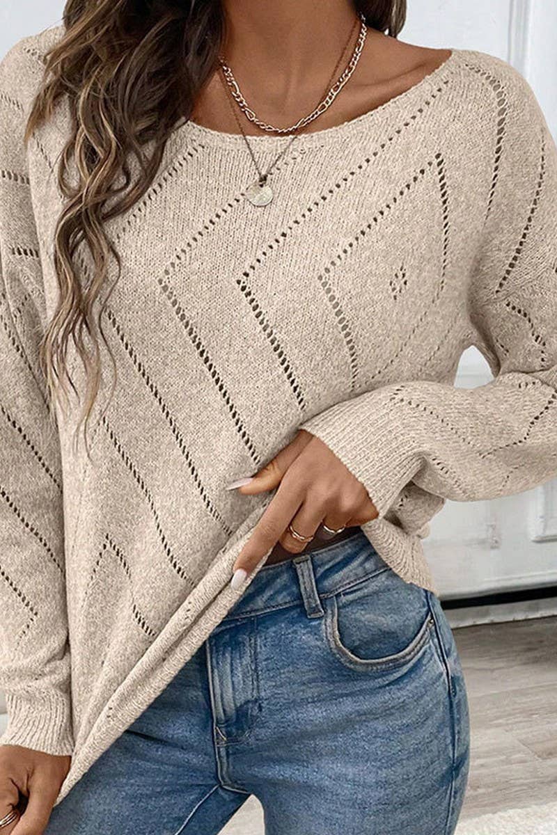 CWOSWL07353_LOOSE HOLLOW OUT DIAMOND KNIT CREWNECK TOP