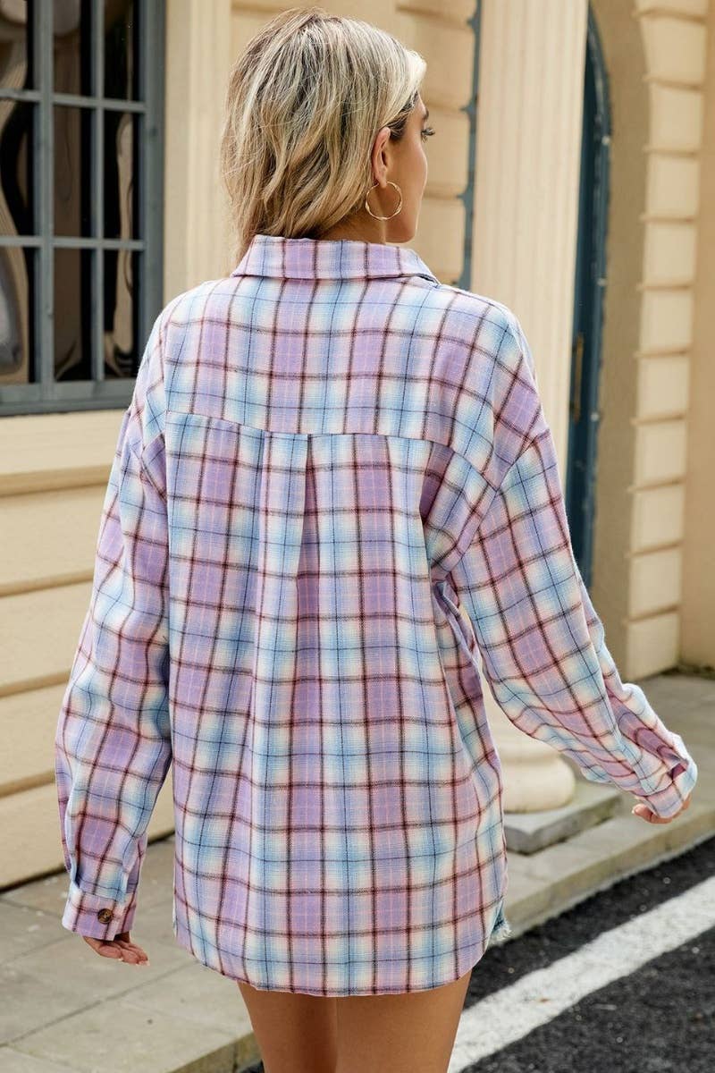 CWTSTL1711_STYLISH LONG SLEEVE POCKET PLAID SHIRT TOP