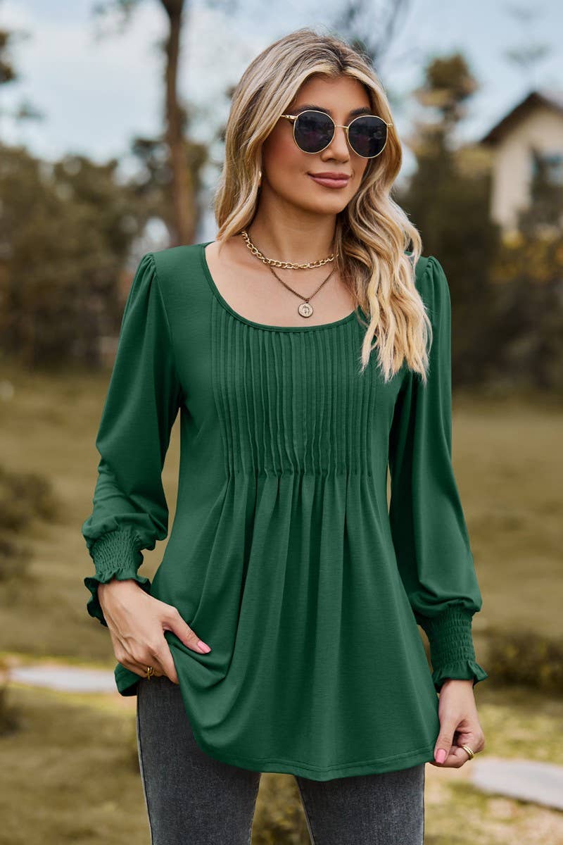 CWTBLL3687_NEW AUTUMN SOLID COLOR ROUND NECK DRAW CUFFS TOP