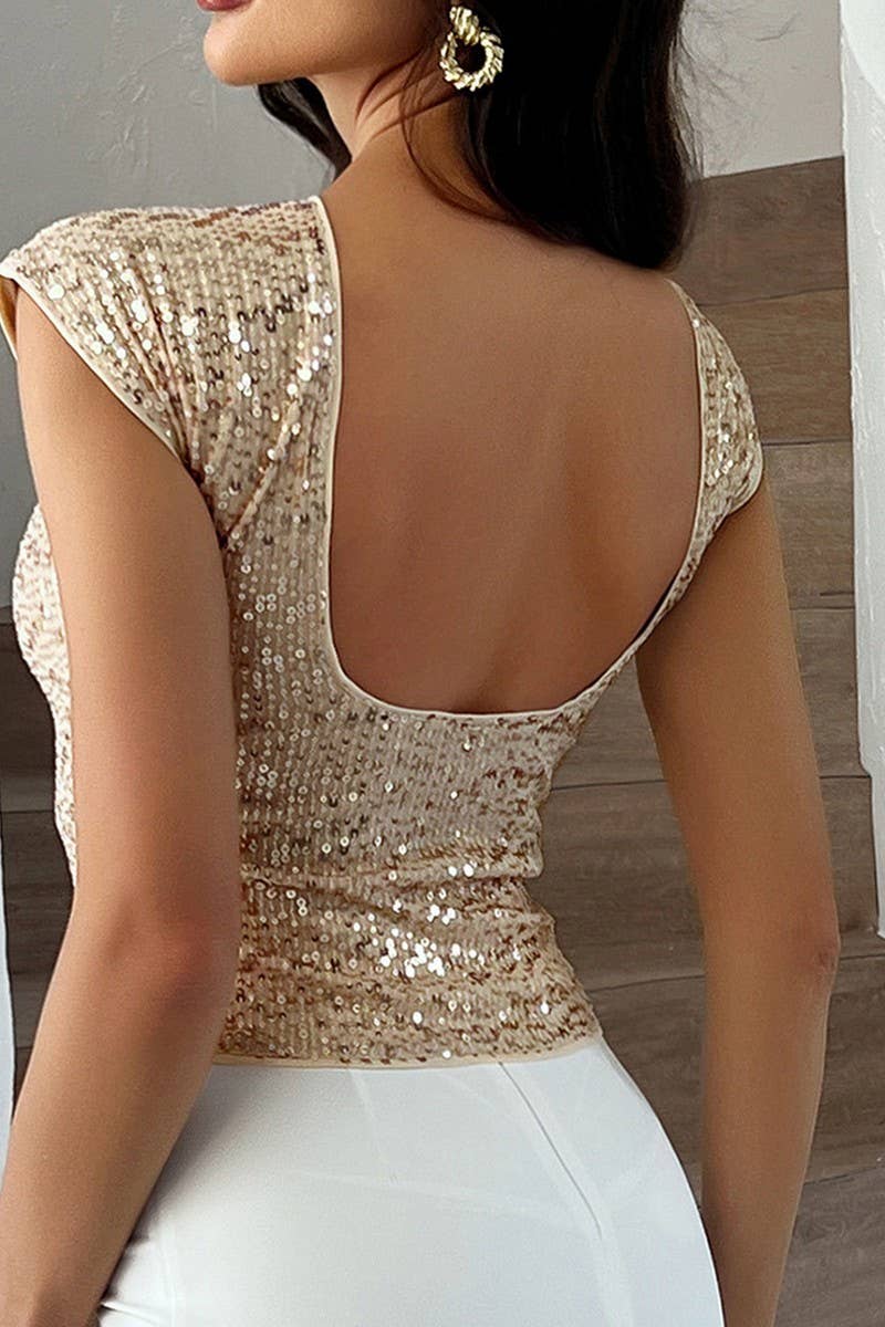CWTBLS1578_SEXY BACKLESS SEQUINED PARTY SHORT SLEEVE TOP