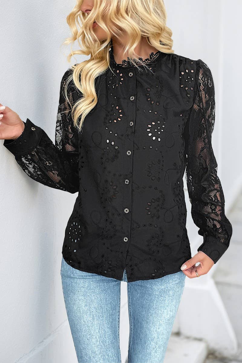 CWTBLL4076_SOLID LACE INSERT ELEGANT SHIRT BLOUSE