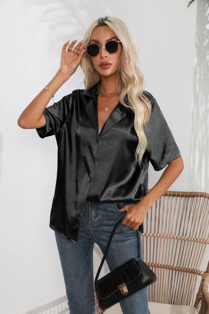 CWTBLS0408_Button Down Silky Satin Short Sleeve Top