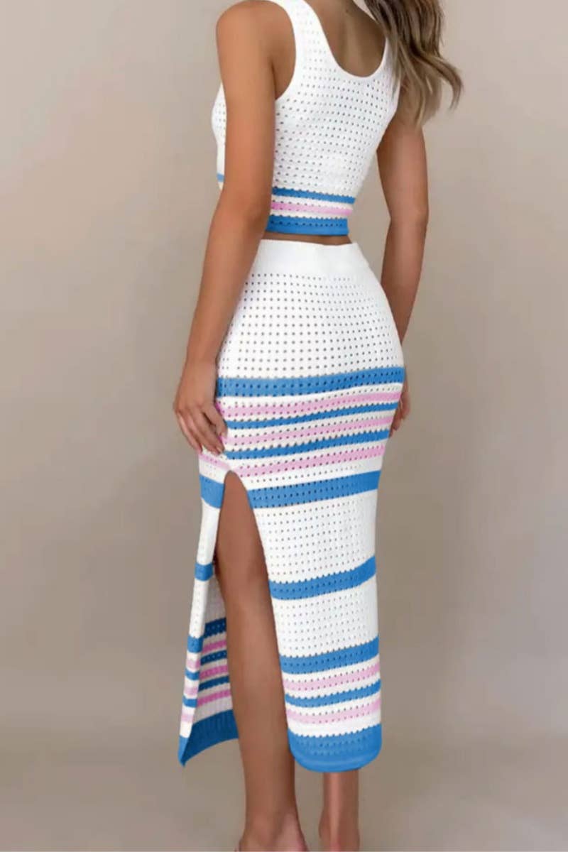 CWSS0493_SLEEVELESS STRIPED TOP BODYCON LONG SKIRT SUIT