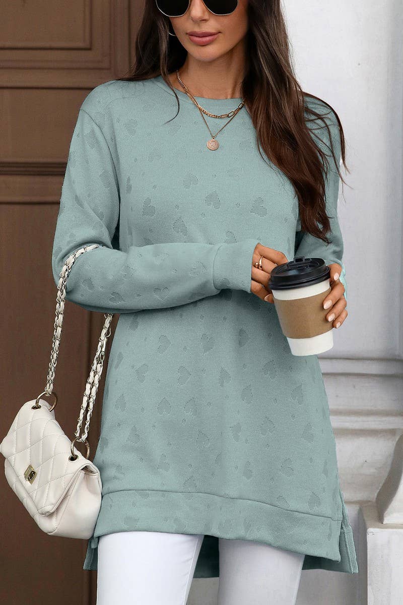 CWTBLL01288_ROUND NECK LONG SLEEVE SLIT SOLID COLOR TOP