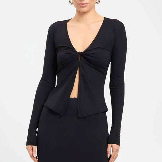 CUT-OUT V-NECK CROP SHORT LONG-SLEEVED TOP