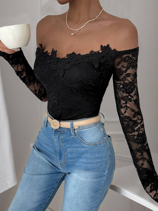 Elegant sexy lace patchwork solid color bodysuit