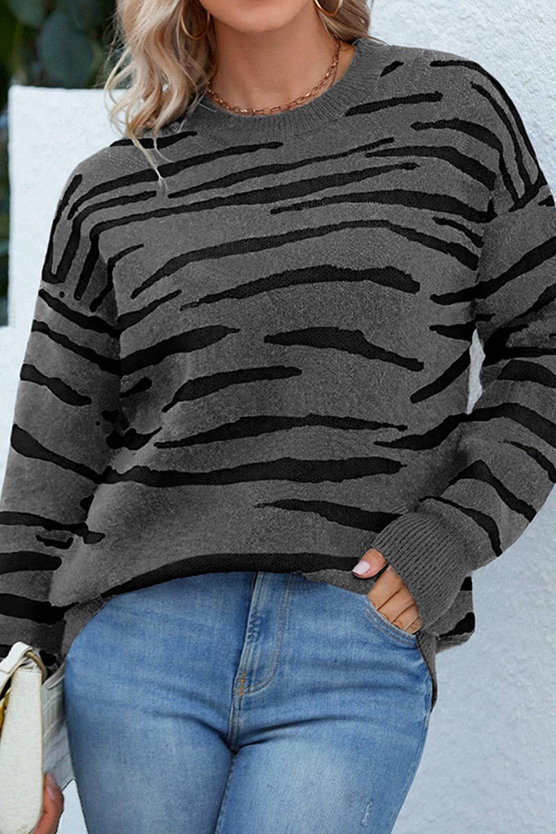 CWOSWL2942_CREW NECK ZEBRA PRINT KNITTED SWEATER