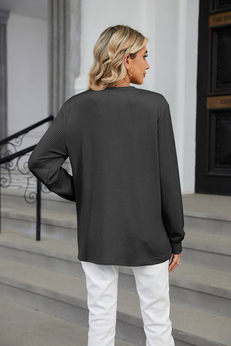 CWTBLL2362_LONG SLEEVE BUTTON V NECK STRIPED T-SHIRT TOP