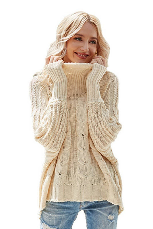 CWOSWL2687_BATWING SLEEVE CABLE-KNOT TURTLENECK SWEATER