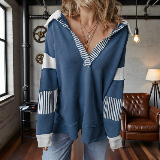 Deep V-neck striped and colored-color hoodie