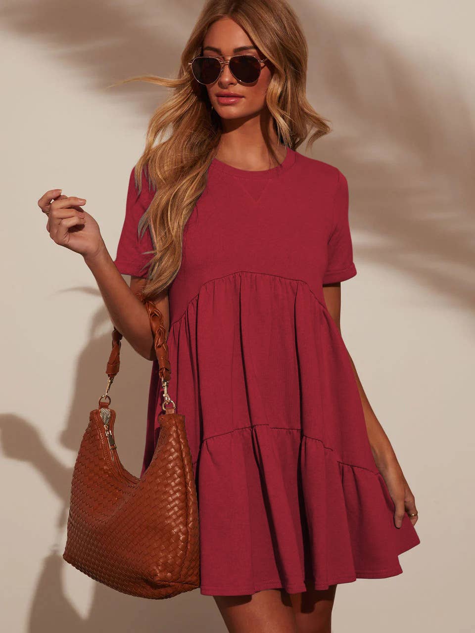 Casual round neck short sleeve pleated dress