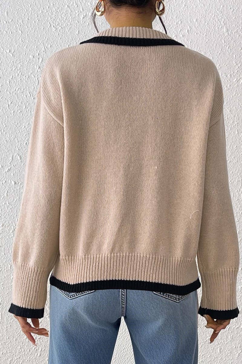 CWTTT00018_WOMEN COLOR BLOCK POLO COLLAR KNIT PULLOVER