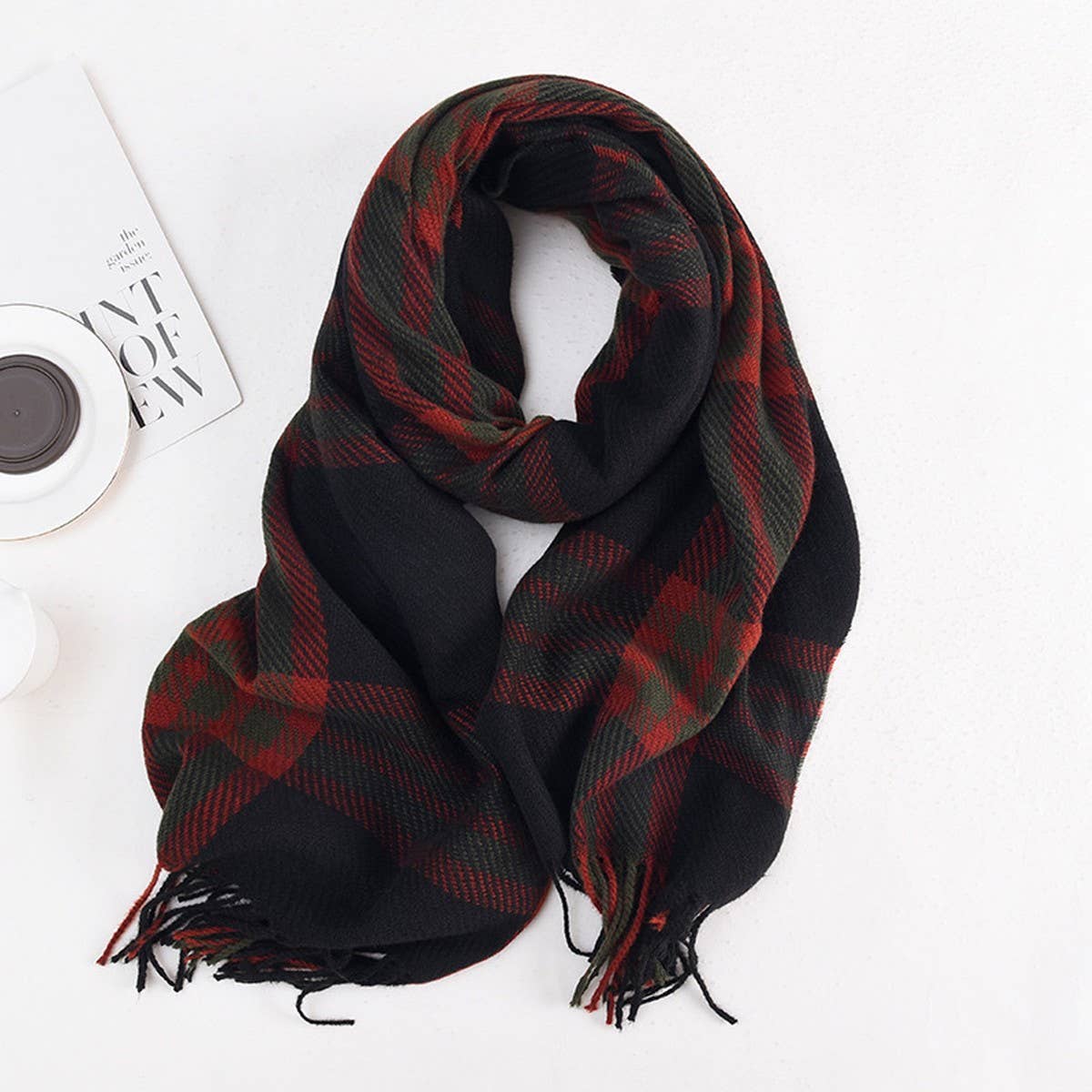 TASSEL PLAID WARM STUDENT SHAWL NECK SCARF