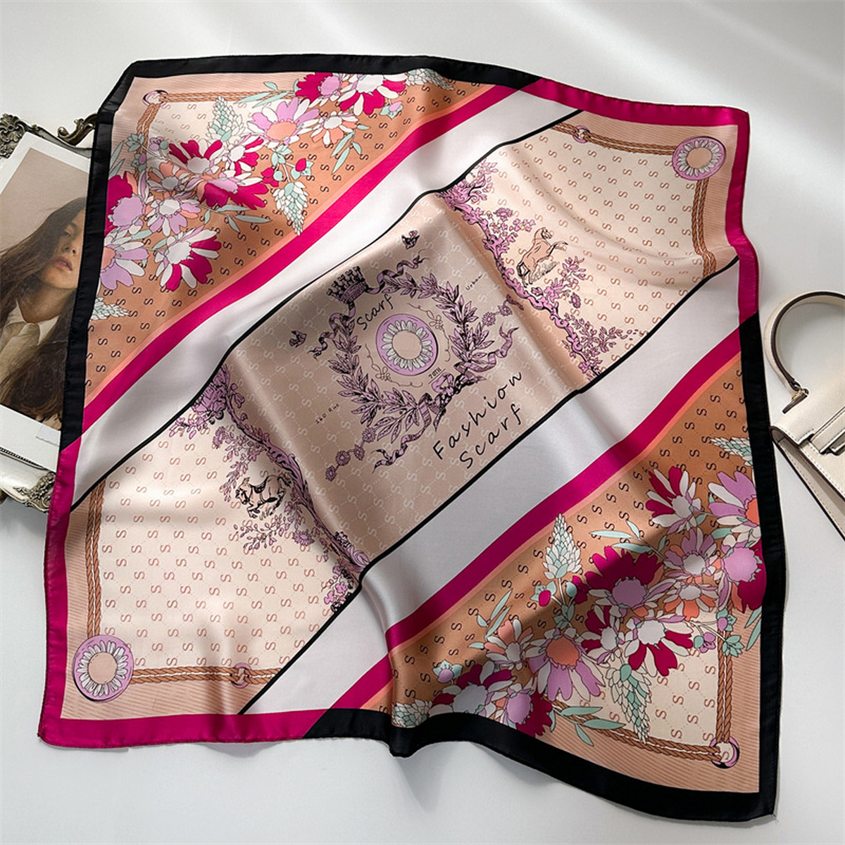 Lily Print Satin Square Scarf for Summer Sun